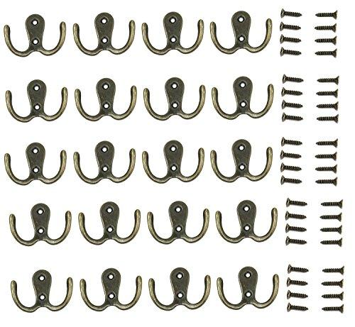 20 Pieces Double Prong Robe Hook Rustic Hooks Retro Cloth Hanger With 40 Pieces Screws, Bronze Color