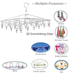 Results stainless steel hanging drying rack collapsible portable clip and drip hanger with 32 overstriking wire clothespins for drying clothing towels diapers underwear socks