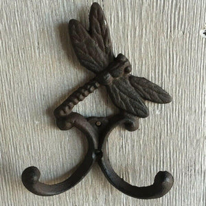 ARTISTIC DRAGONFLY WITH 2 HOOKS brown bronze finish cast iron coat robe hooks