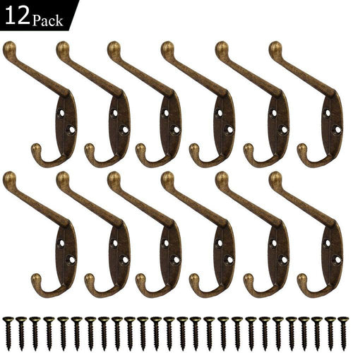 12 Pack Heavy Duty Coat Hooks Wall Mounted Hardware Dual Prong Retro Rustic Dual Hooks for Hats, Coats, Clothes, Towels, Bag, Key Hanger (Retro Bronze)