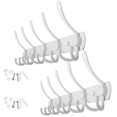 WEBI Coat Rack Wall Mounted,5 Tri Hooks Decorative Coat Hook Rack Triple Hook Rail Wall Hooks for Bathroom Kitchen Office Entryway Closet,White,2 Packs