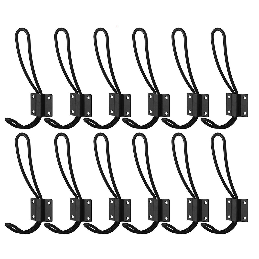 WEBI Decorative Rustic Hook, 12 Packs (Jumbo Size) Vintage Hooks Metal Wire Hook Double Prong Robe Hooks Individual Hooks Coat Hat Hooks for Farmhouse,Entryway,Foyer,Hallway,Walll Mounted,Black