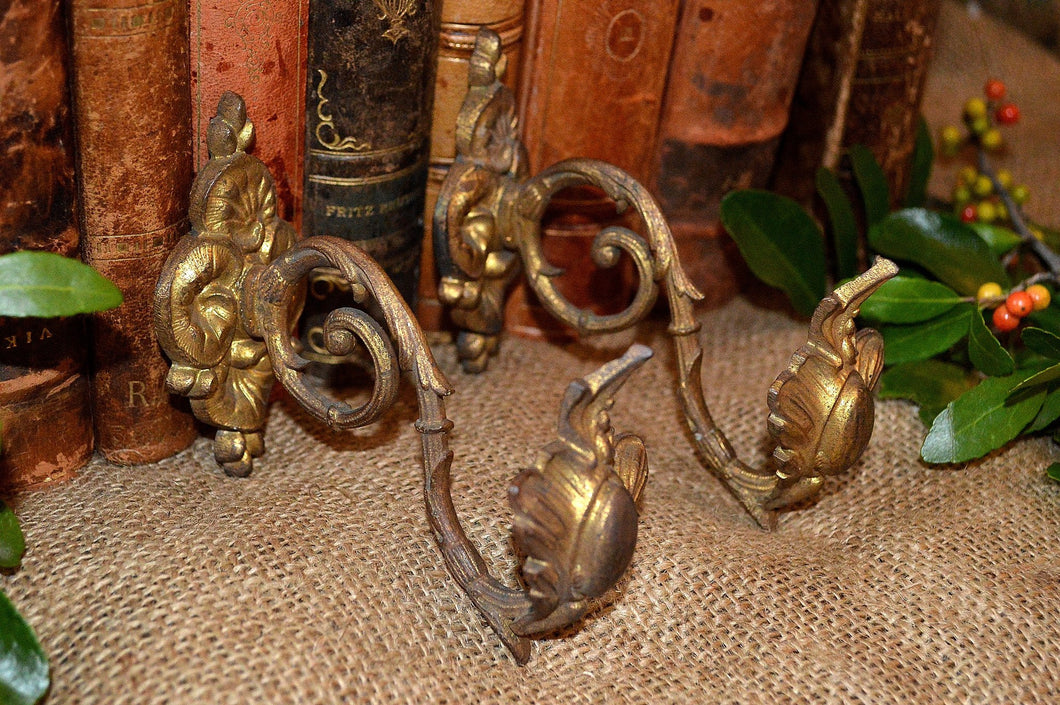 Antique Pair Small French Drapery Tie Backs Hooks Bronze Ormolu Hardware